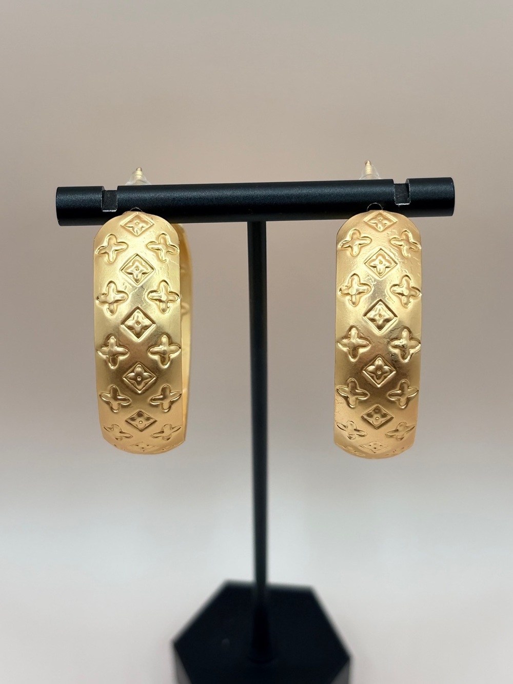 Matte Gold Embossed Design Hoop Earrings